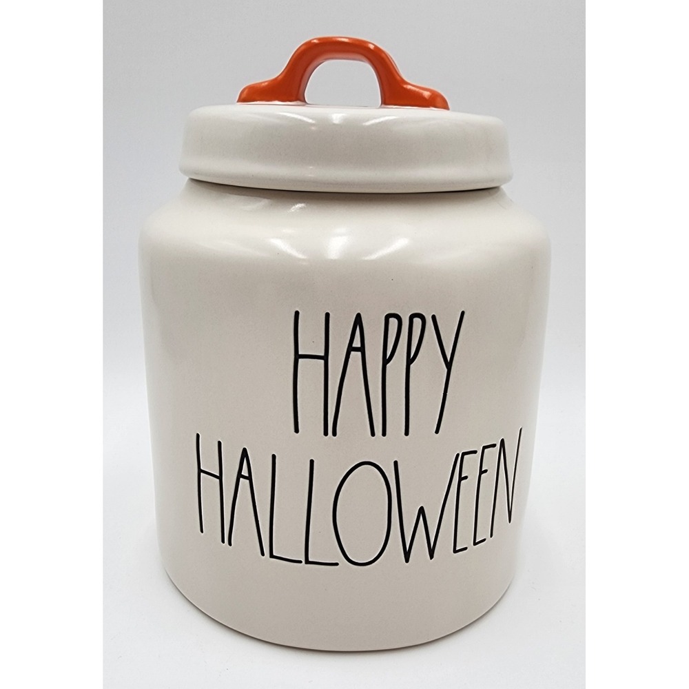 Rae‎ Dunn Happy Halloween Canister Jar with Orange Handle Lid Ceramic NOS